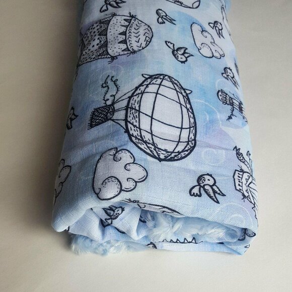 NEW! Pastel Blue Hot Air Balloons Birds Baby Toddler Minky Cotton Gauze Blanket - Picture 11 of 12